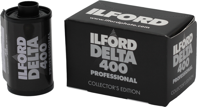 Ilford Delta 400 Professional Collector’s Edition 35mm film, black cassette and box